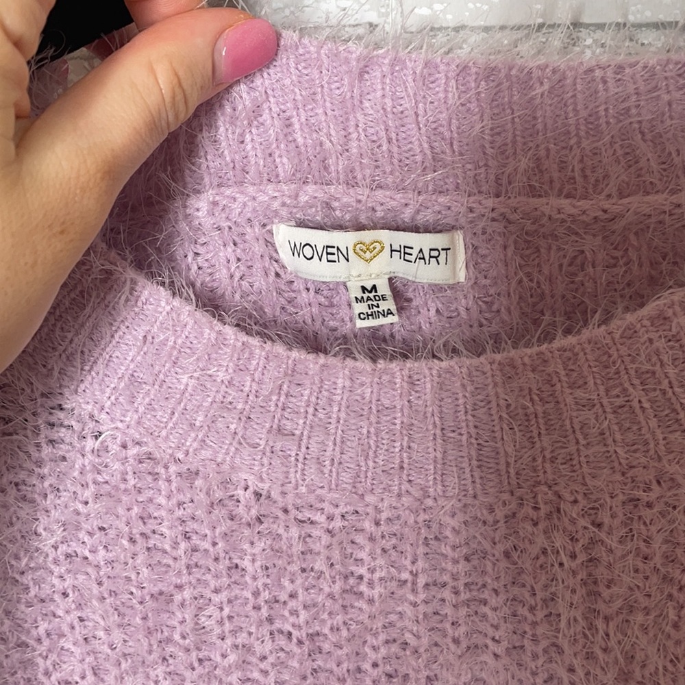 Woven Heart Purple Eyelash Fuzzy Ruffled Sweater - Picture 5 of 9